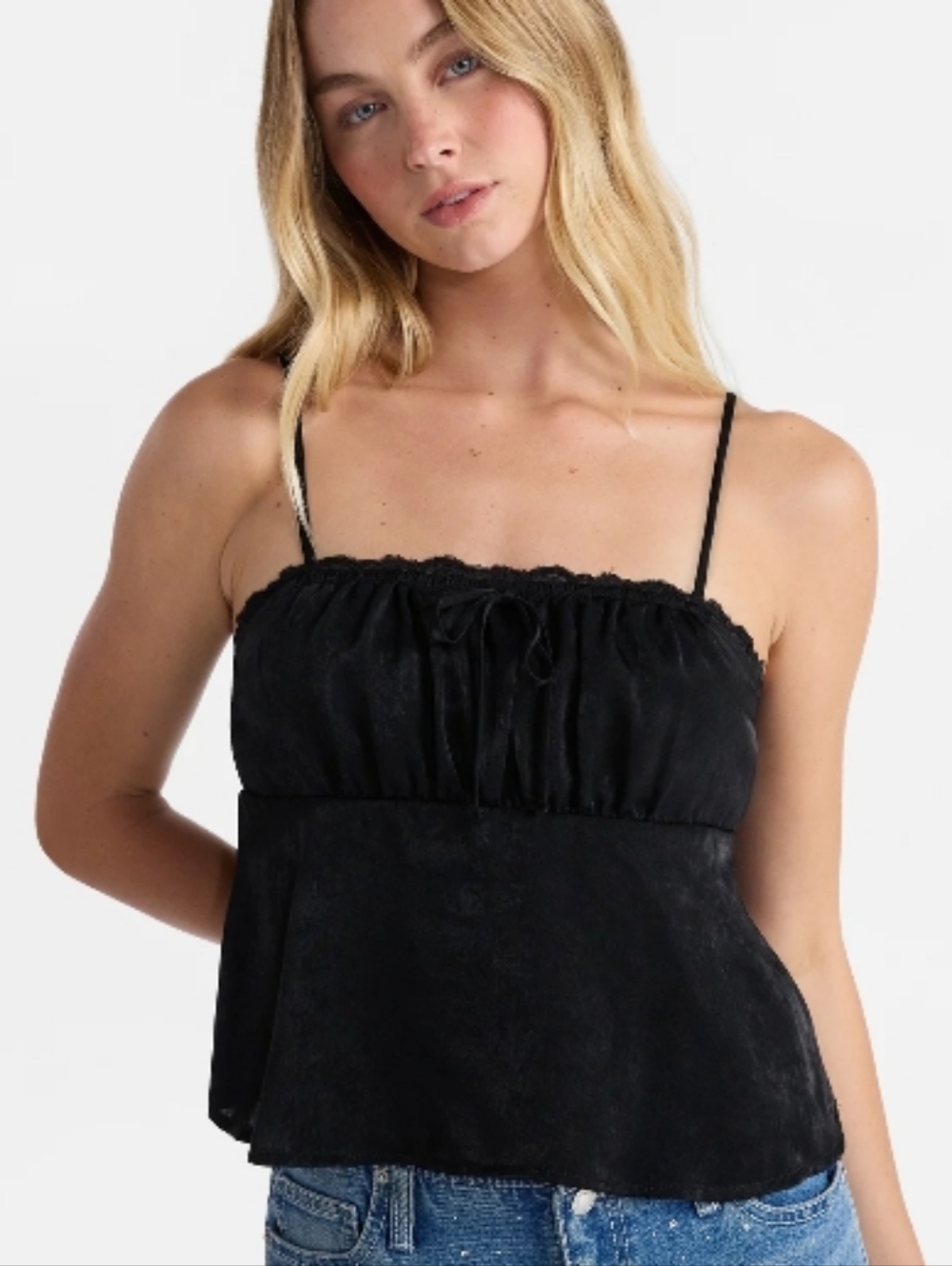 No Boundaries Black Spaghetti Strap Satin Lace Trim Tie Camisole XL